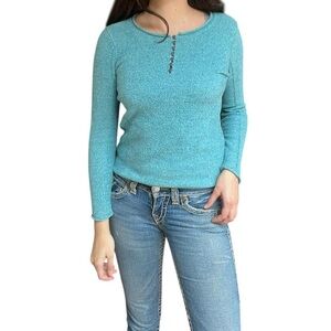Sundance Sweater Women Large Knit Teal Silk Blend Henley Pullover Buttons Top